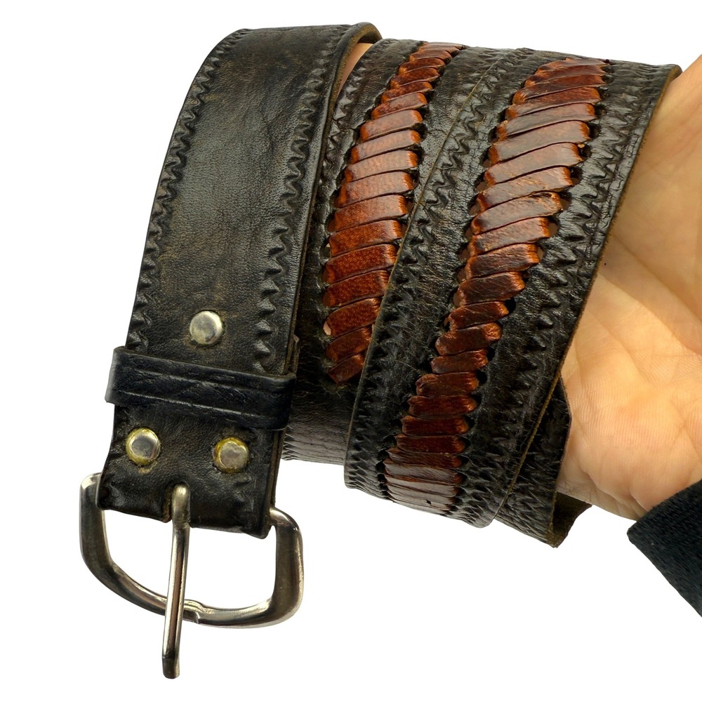 Vintage Two Tone Handmade Leather Western Belt Brown Cognac Silver‎ Buckle 36"